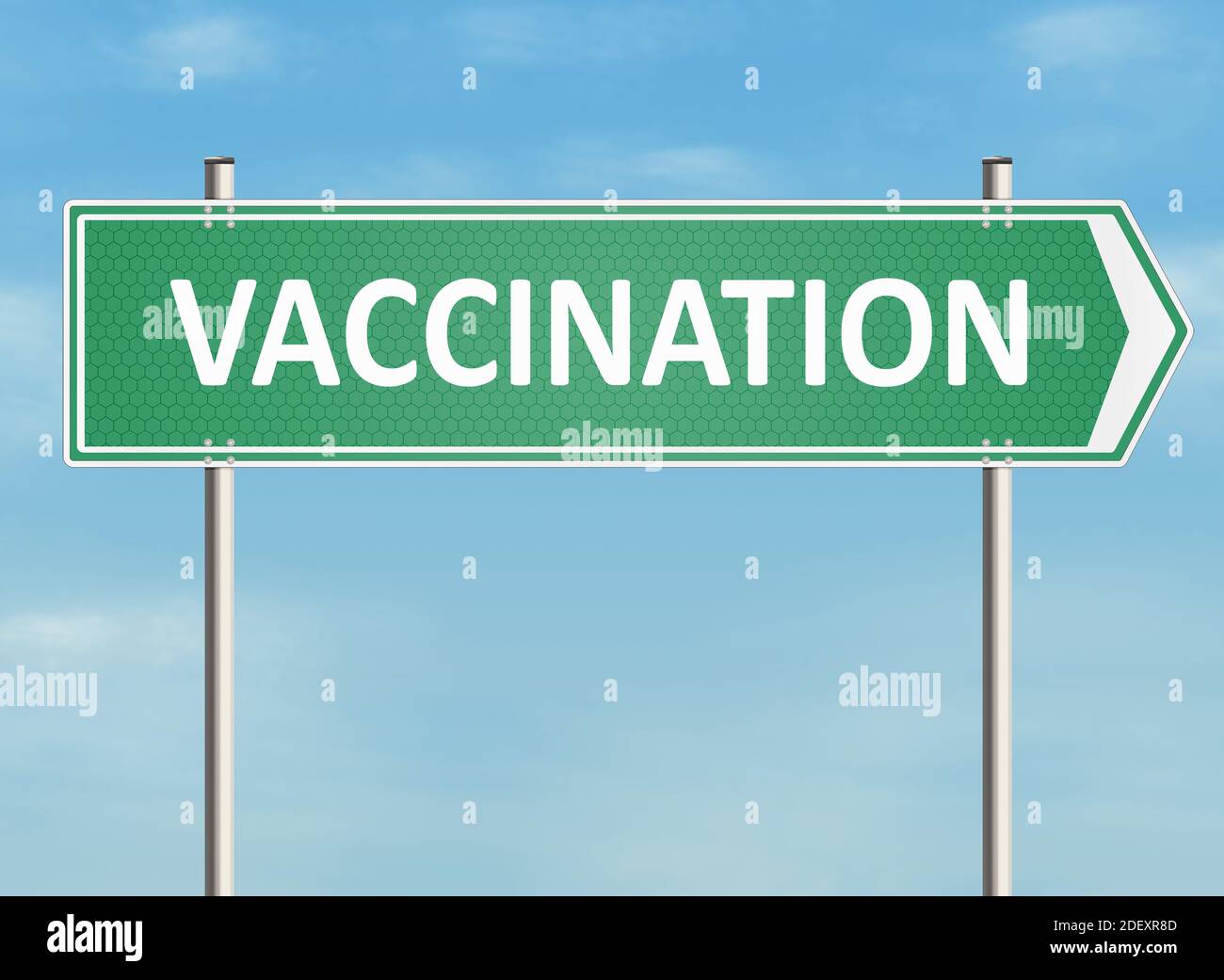 Impfkonzept. Straßenschild auf dem Himmel Hintergrund mit dem Wort "Impfung". Rasterdarstellung. Stockfoto