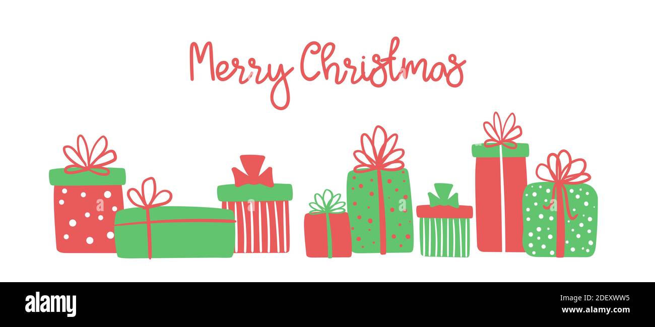 Frohe Weihnachten Grußkarte mit niedlichen handgezeichneten Geschenkkartons. Vector langes Banner mit Weihnachtsgrüßen und Geschenken Stock Vektor