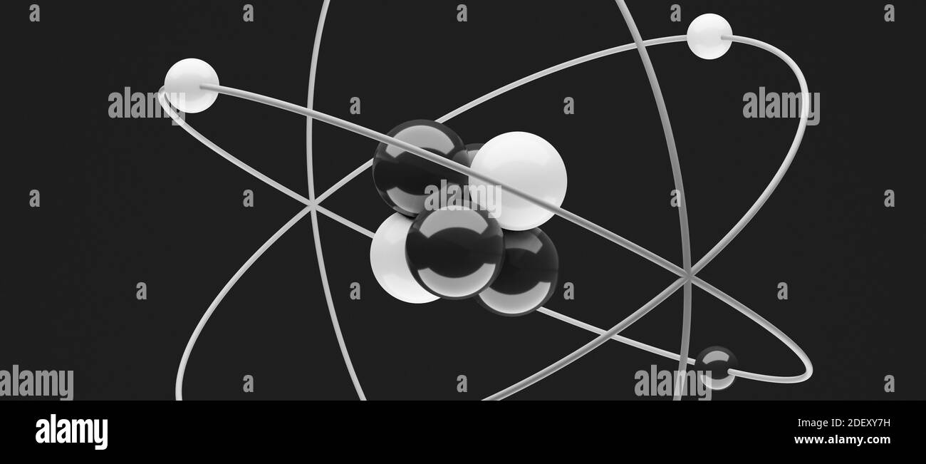 3D-Modell eines Atoms mit Kern, Elektronen, Protonen und Neutronen umkreisen, kreisförmiger Pfad, cgi Rendering Illustration, schwarzer dunkler Hintergrund, Rendering Stockfoto