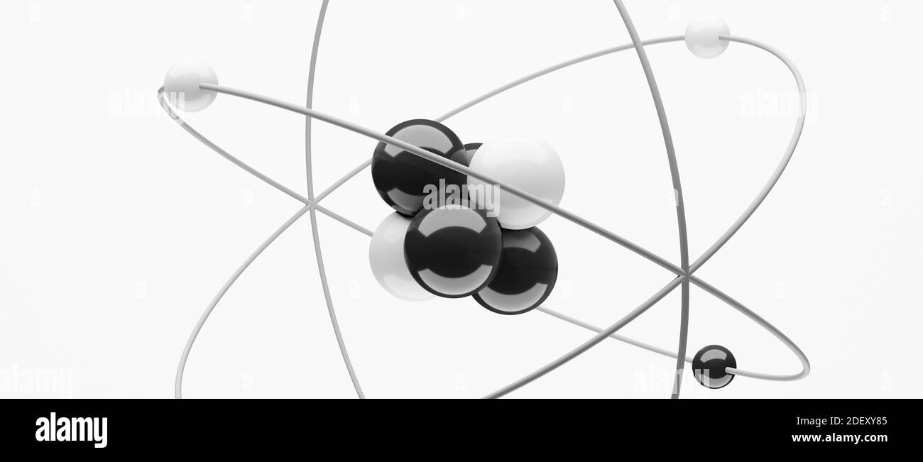 3D-Modell eines Atoms mit Atomkern, Elektronen, Protonen und Neutronen umkreisen, kreisförmiger Pfad, cgi Rendering Illustration, weißer Hintergrund, Rendering Stockfoto