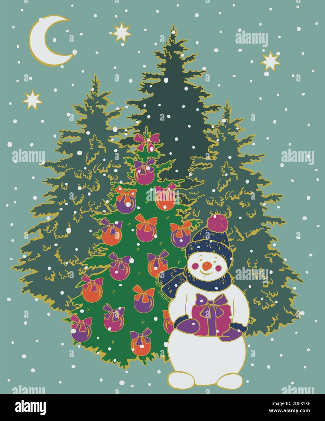 Vektor-Illustration Postkarte Design geschmückt Weihnachtsbäume und Schneemann halten Geschenk. Weihnachtskarte im Retro-Vintage-Stil, Neujahr. Stock Vektor