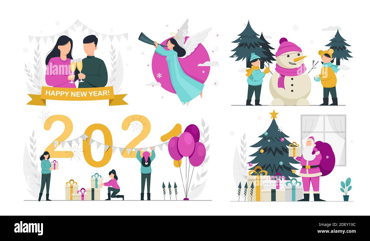 Stock-Vektor. Frohe Weihnachten und ein glückliches neues Jahr 2021, Satz von vier Abbildungen für Feiertage Stock Vektor