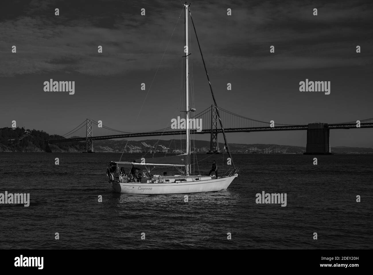 SAN FRANCISCO, USA - Dec 29, 2019: Ein schönes Segelboot, das die Bucht kreuzt Stockfoto