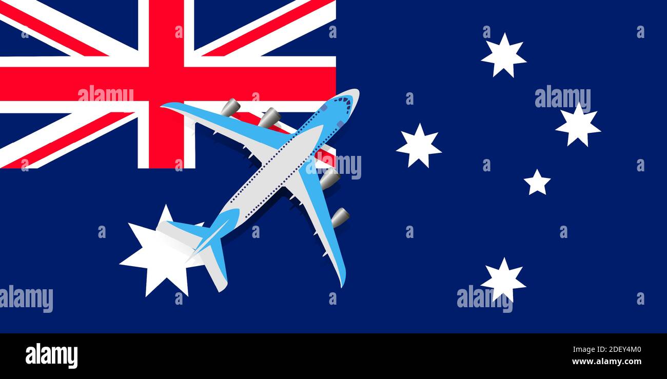 Vektor Illustration eines Passagierflugzeugs, das über die Flagge Australiens fliegt. Das Konzept von Tourismus und Reisen Stock Vektor