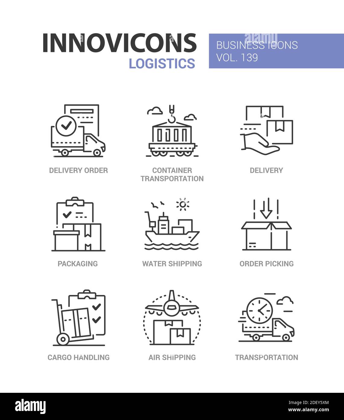 Logistik - bunte Linie Design Stil Icons gesetzt. Lieferservice, Transportarten, Fahrzeuge, Fracht Versand Idee. Behälter, Verpackung, Wasser A Stock Vektor