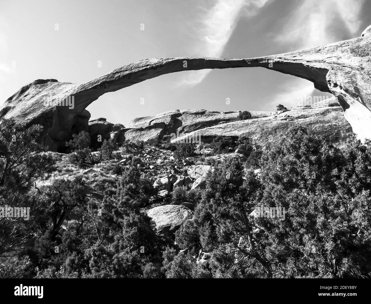 Blick auf die Weite des Landscape Arch, dem längsten Bogen im Archers National Park, Utah, in Schwarz und Weiß Stockfoto