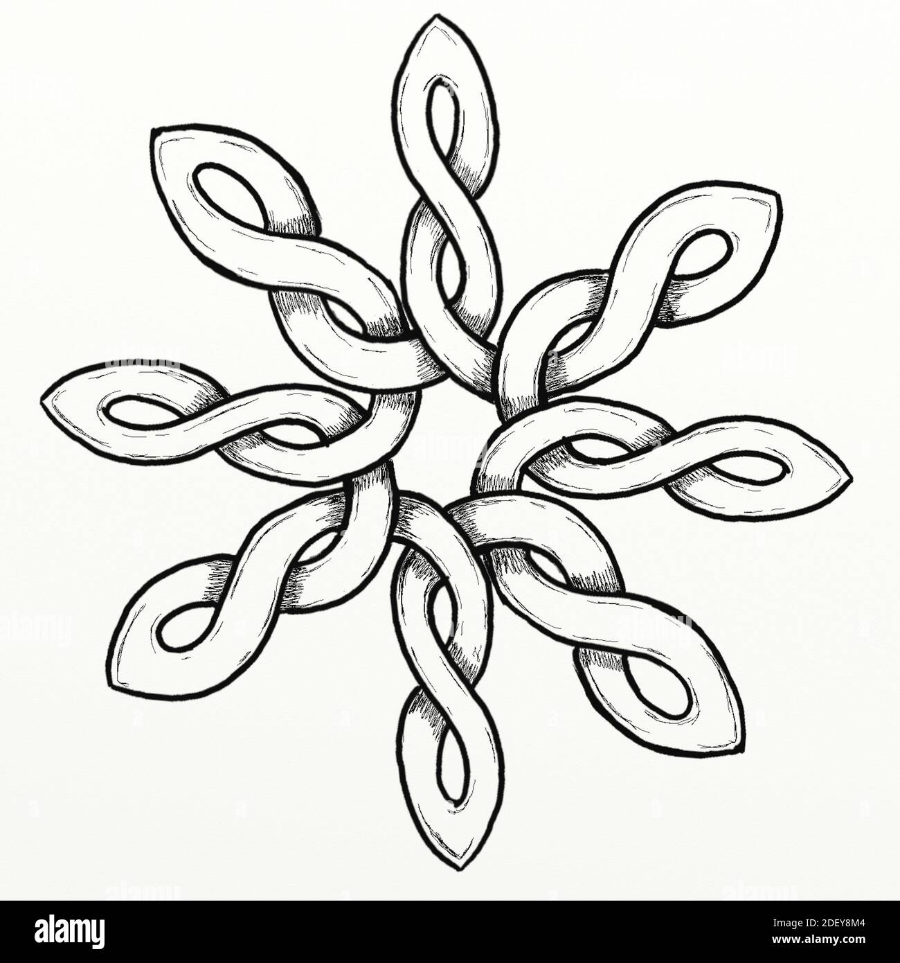 Handgestalteter keltischer Knoten in Form einer stilisierten Rose. Dieser Knoten wurde von Hand vom Künstler entworfen. Stockfoto