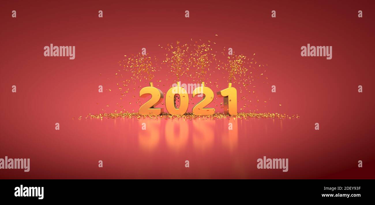 2021 Text mit goldenen Buchstaben auf rotem Hintergrund 3D-Rendering Stockfoto