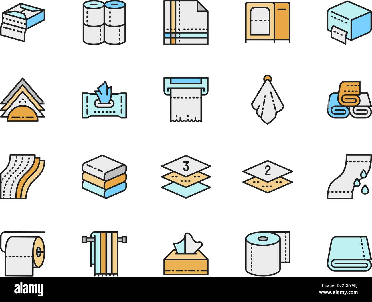 Set von Servietten Flat Color Line Icons. Toilettenpapierrollen, Halter, Handtrockner und mehr. Stock Vektor