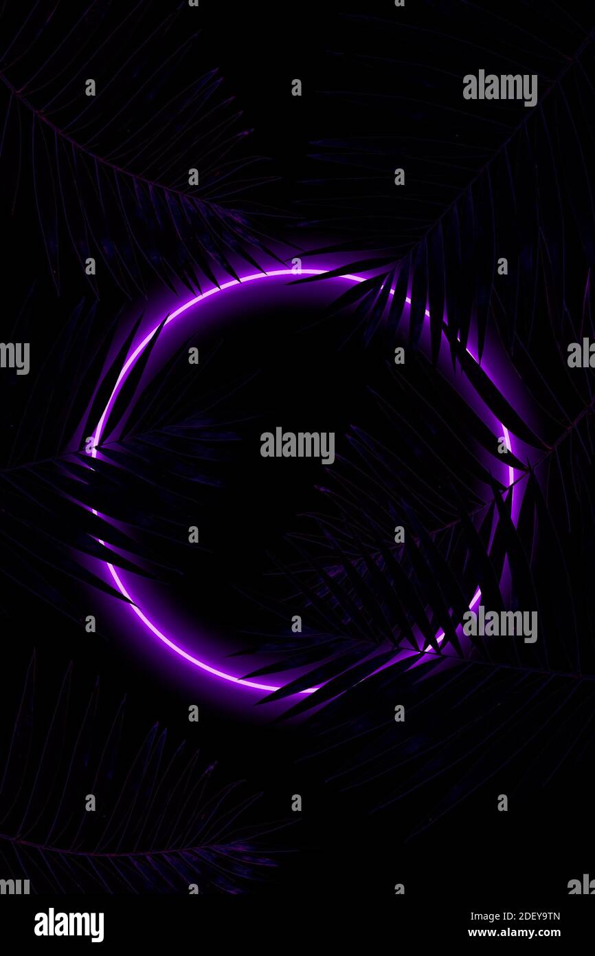 Leuchtender Kreis. Synth Wave, Retro Wave, Vaporwave futuristische Ästhetik. Leuchtender Neon-Style. Horizontaler Hintergrund, Hintergrund. Stilvoller Flyer für Werbung, Angebot, helle Farben und rauchneoned Effekt. Stockfoto