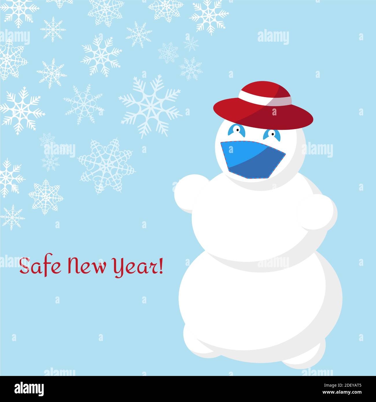Schneemann in einem roten Hut und einer medizinischen Gesichtsmaske auf blauem Hintergrund mit Schneeflocken und der Aufschrift - sicheres Neues Jahr. Konzept Weihnachtsferien duri Stock Vektor