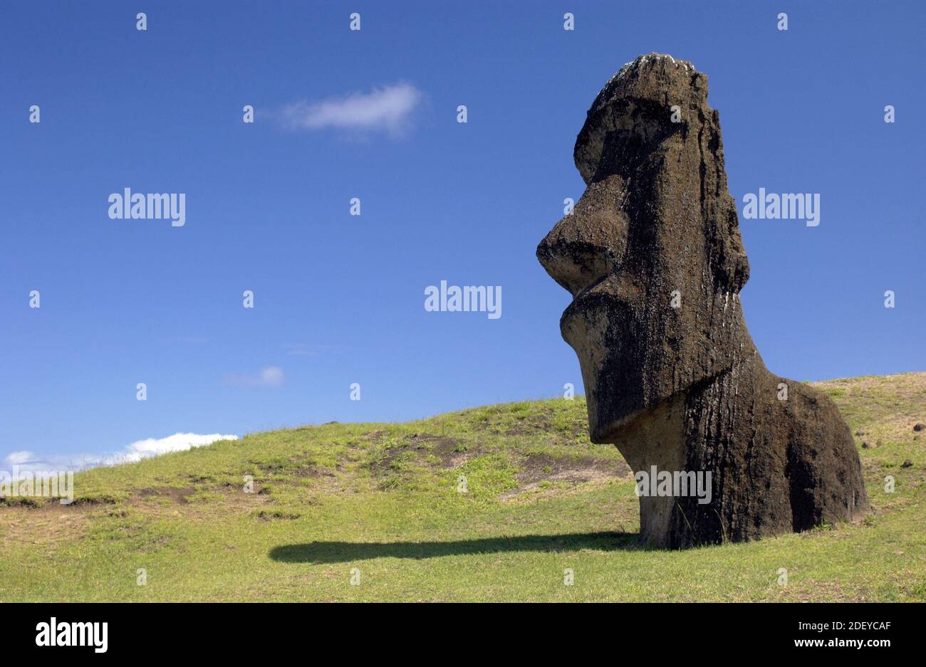 Monolithische Moai-Statue auf der Osterinsel (Rapa Nui) im Südpazifik. Es wird seit 1888 von Chile verwaltet. UNESCO-Weltkulturerbe. Stockfoto