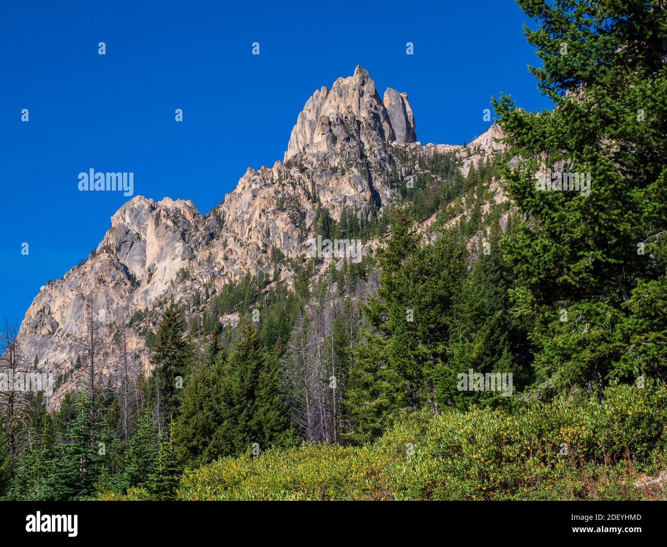Sawtooth Mountain Gipfeln entlang des Redfish Lake Creek Trail, Sawtooth National Recreation Area, Stanley, Idaho. Stockfoto