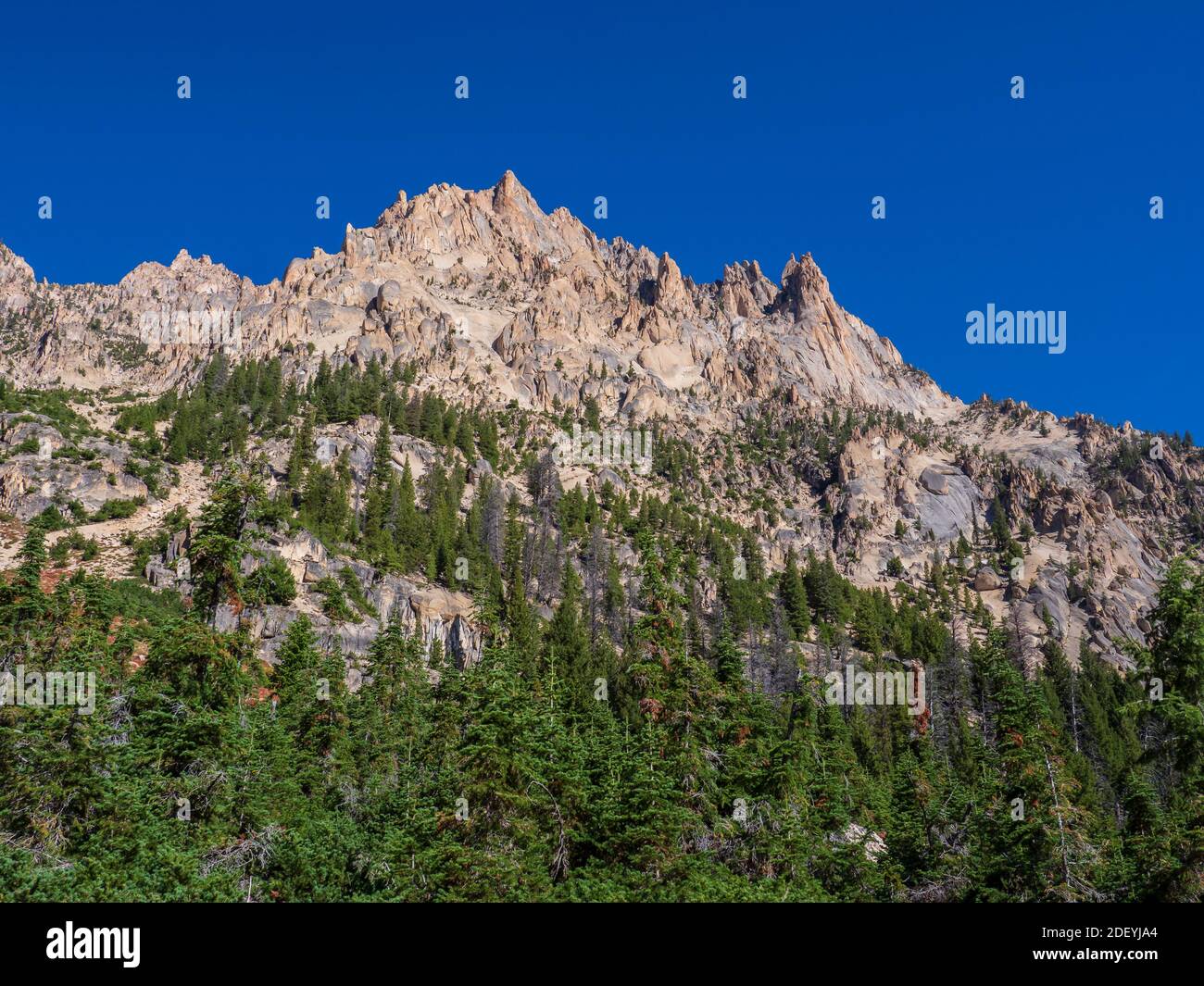 Sawtooth Mountain Gipfeln entlang des Redfish Lake Creek Trail, Sawtooth National Recreation Area, Stanley, Idaho. Stockfoto