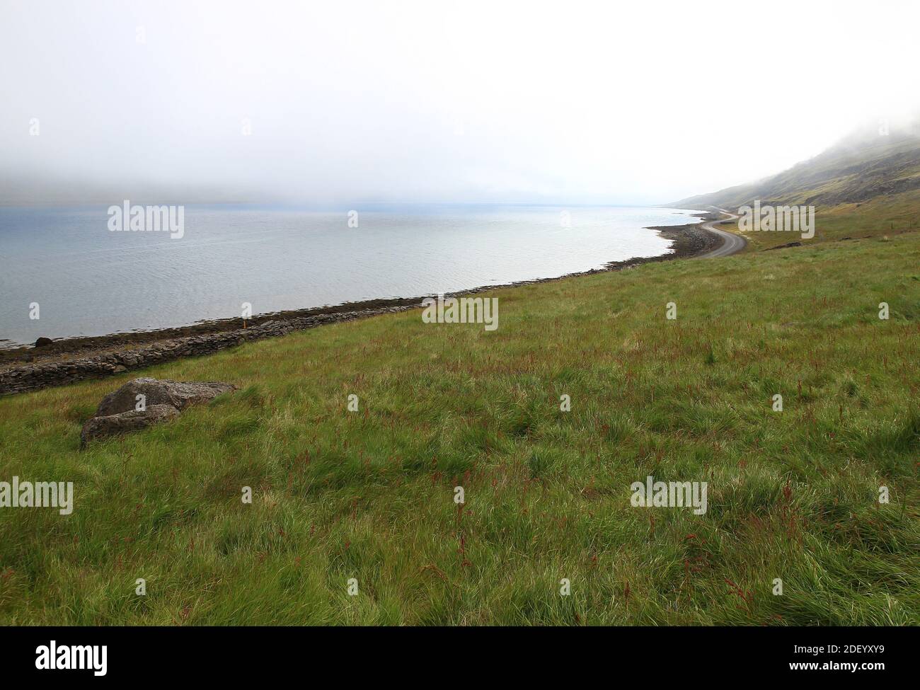 Panoramablick auf die im Nebel versprüht West Fjorde Autobahn 61 zwischen Isafjordur und Holmavik (Island - Juli) Stockfoto