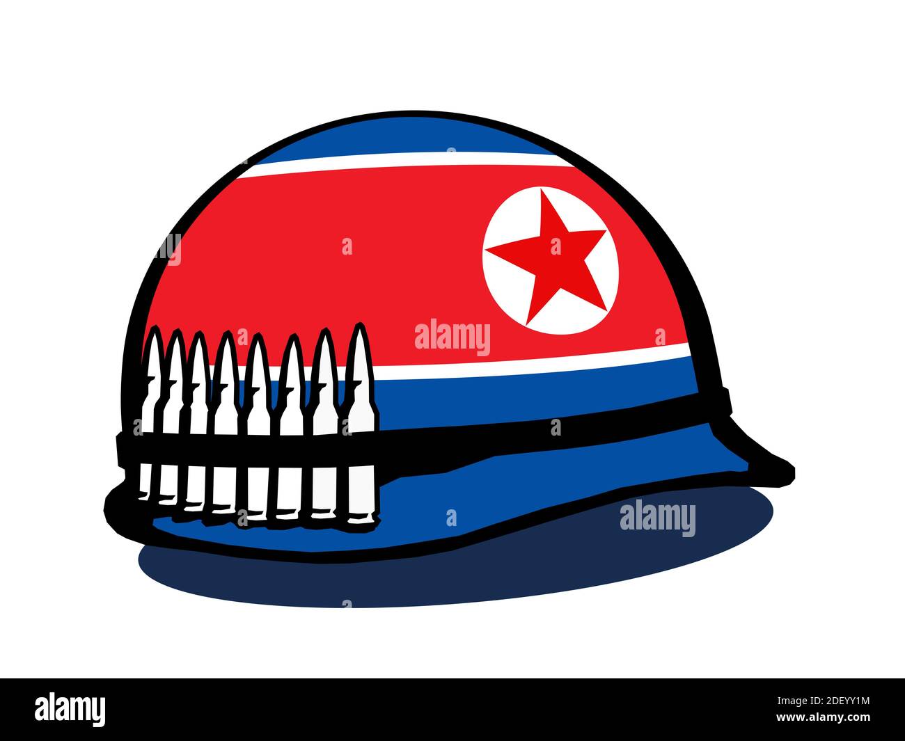 Helm mit Flagge von Nordkorea und Kugeln - Militarisierung und Bewaffnung des koreanischen Staates. Militärische Ausrüstung für die Kriegsführung und Verteidigung des Landes. Vect Stockfoto