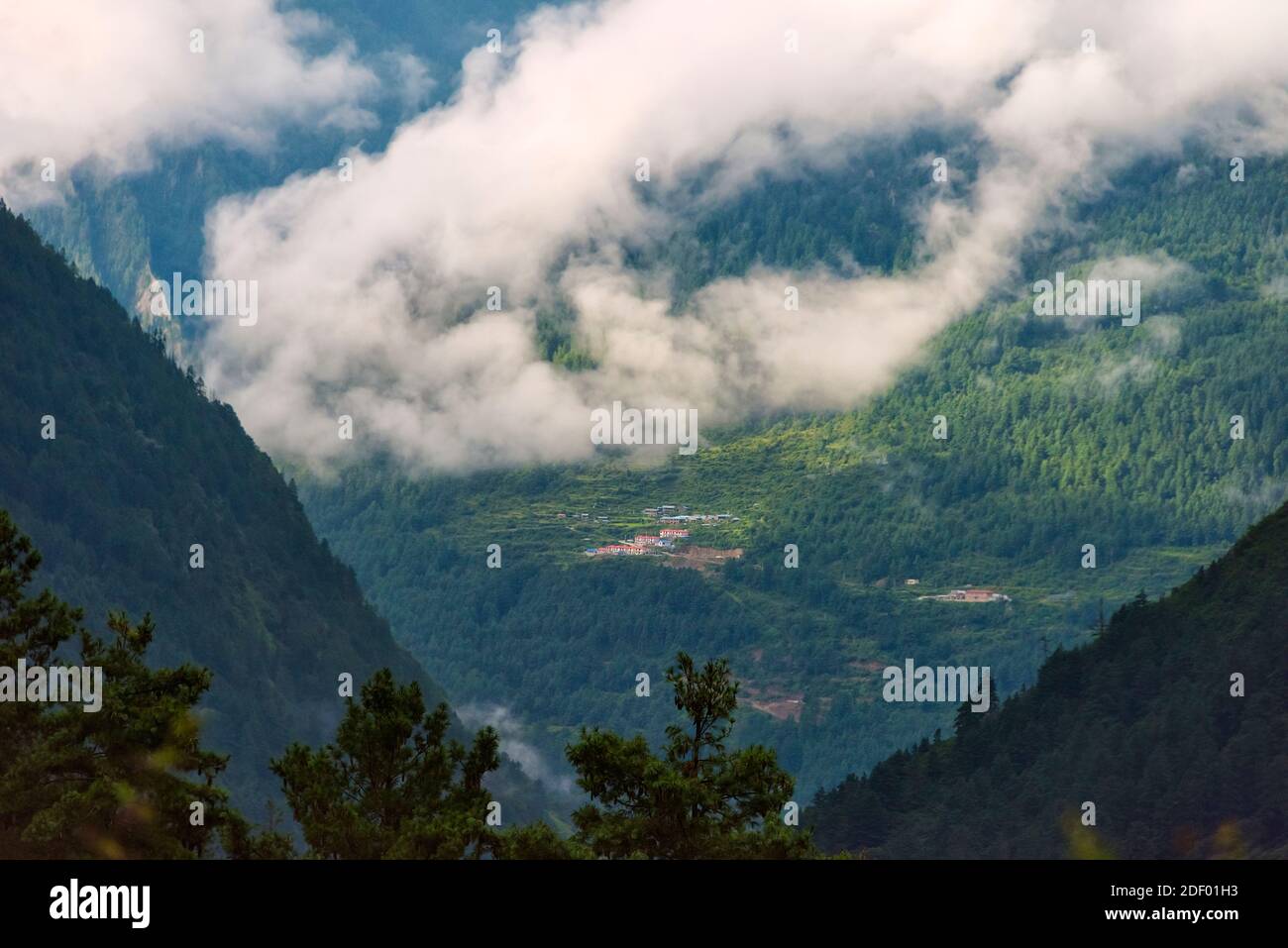 Landschaft von üppigen Tal im südlichen Himalaya, Rasuwa District, Provinz 3, Nepal Stockfoto