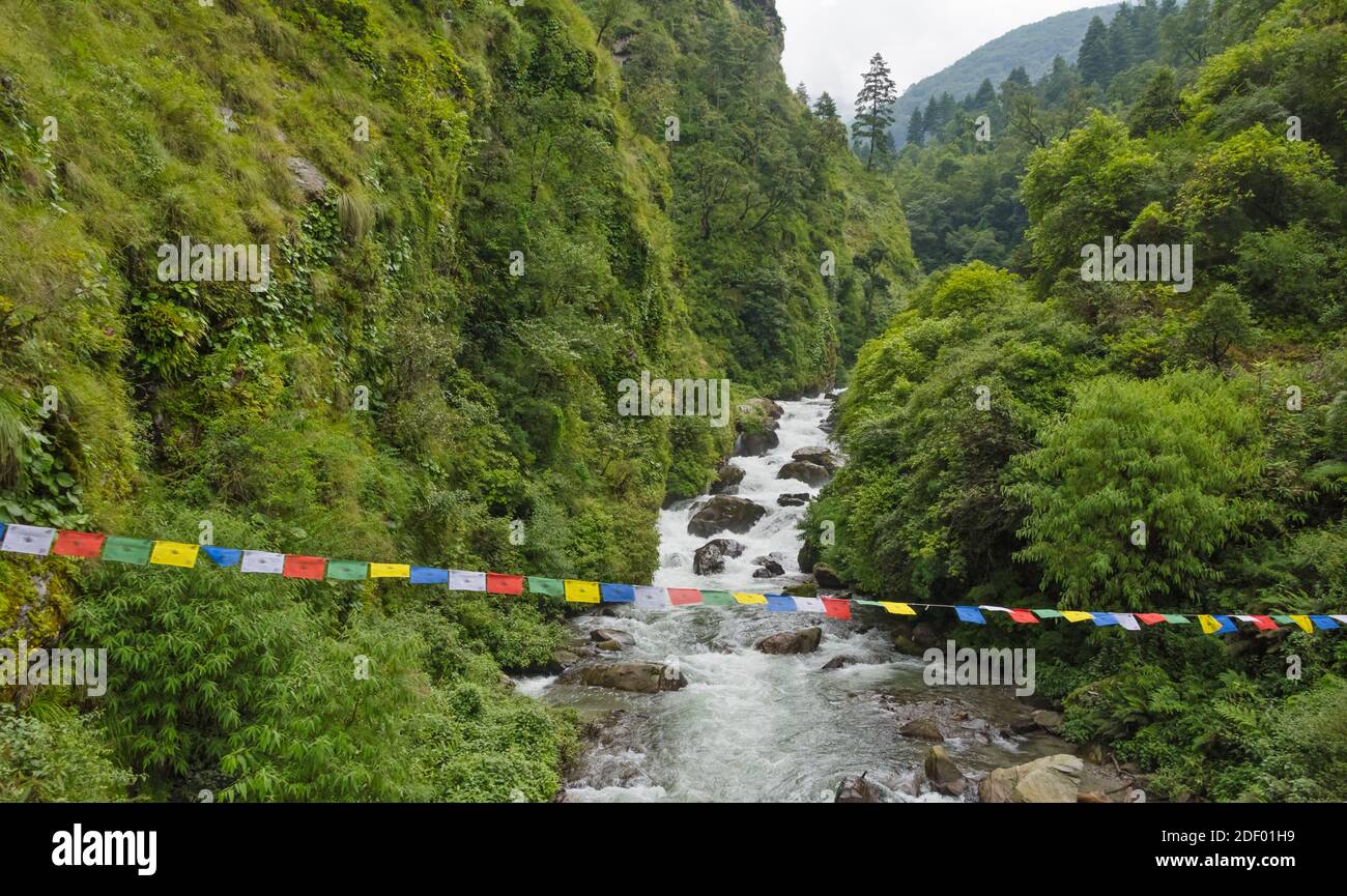 Gebetsfahnen über den Fluss im südlichen Himalaya, Rasuwa District, Provinz 3, Nepal Stockfoto