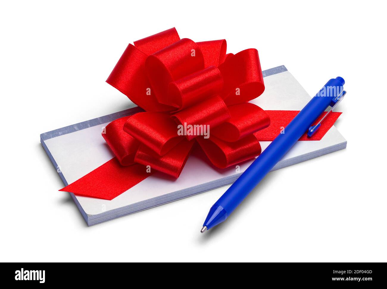 Scheckheft Geschenk mit roter Schleife und Stift. Stockfoto