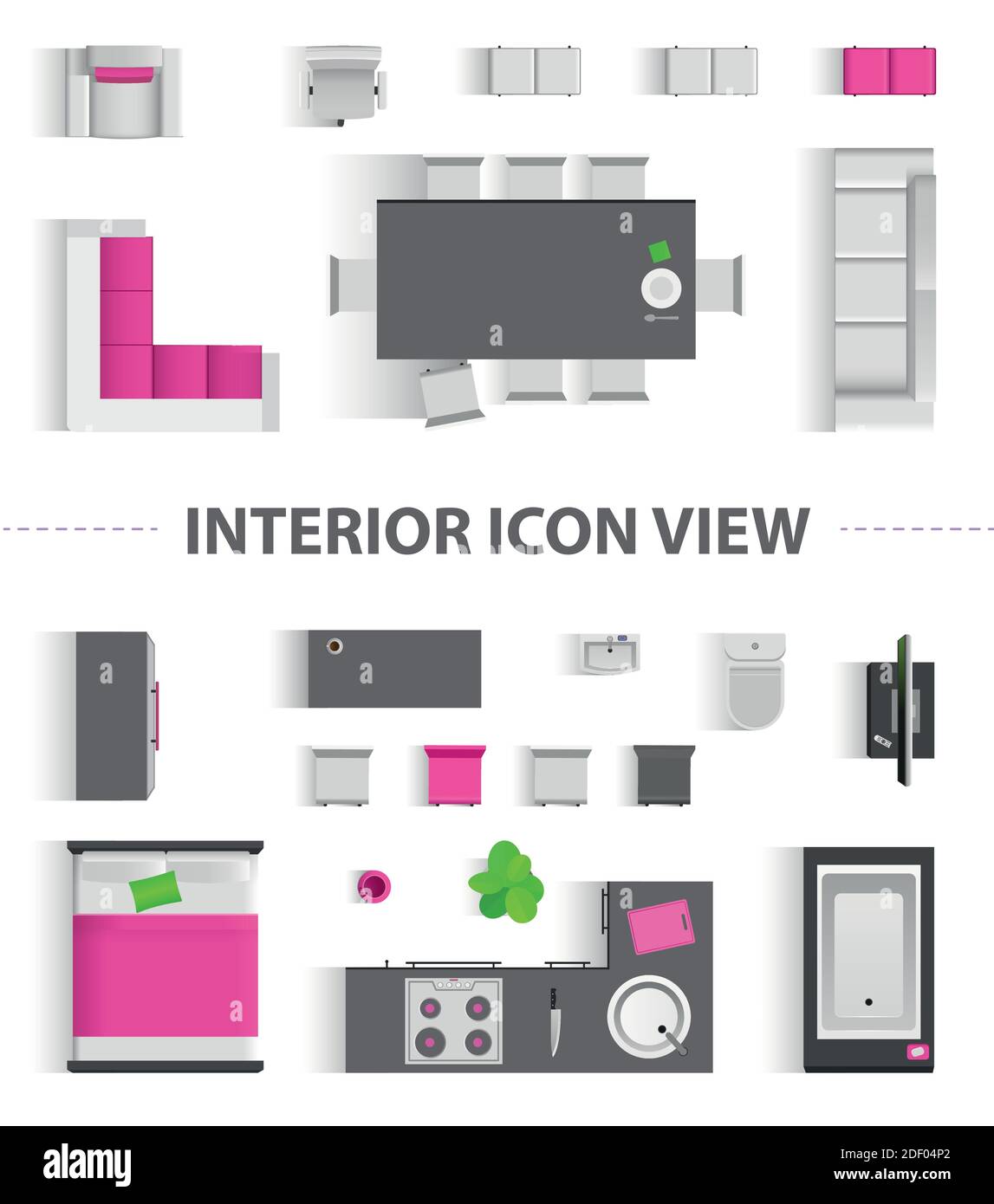 Einstellung der Ansicht von oben für die Gestaltung von Interior Icons. Isolierte Vektorgrafik. Symbol für flache Innenansicht von oben Stock Vektor