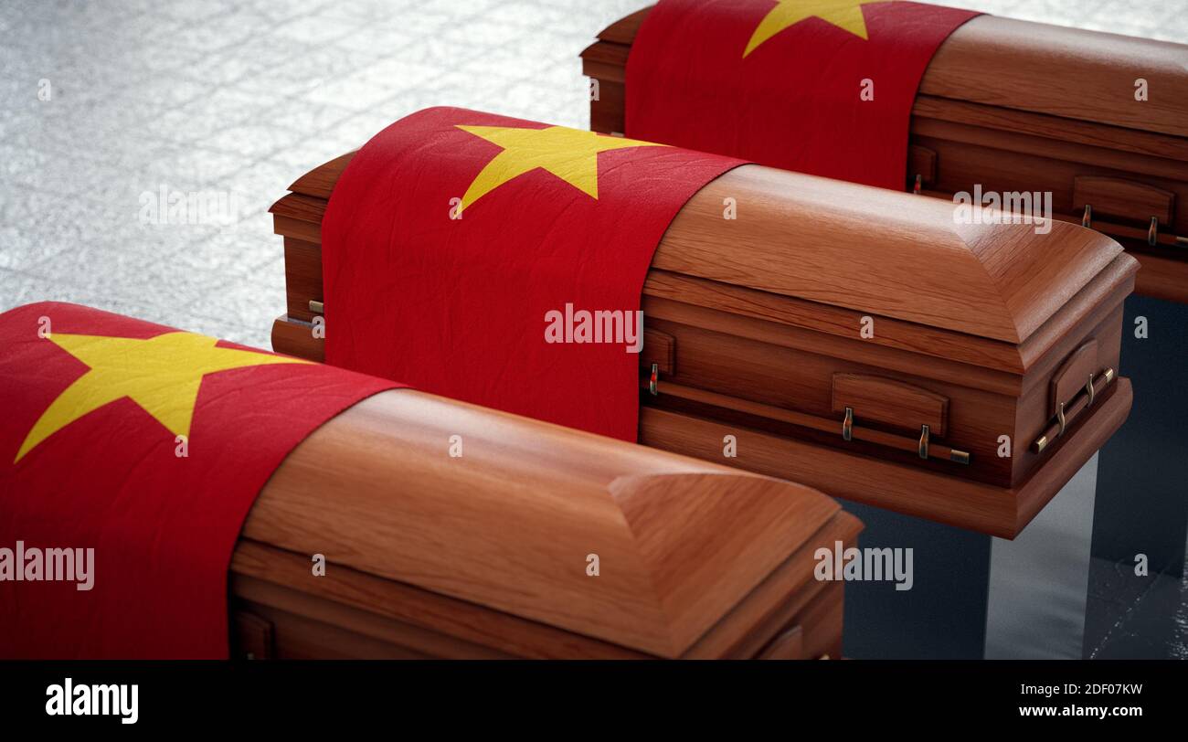 Staatliche Beerdigung in Vietnam. Särge im nationalen Pavillon. Stockfoto