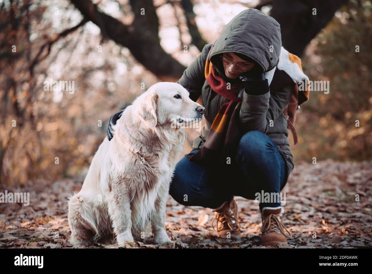 Golden Retriever Hund und Frau im Herbst im Freien. Liebe Haustier Freund Stockfoto