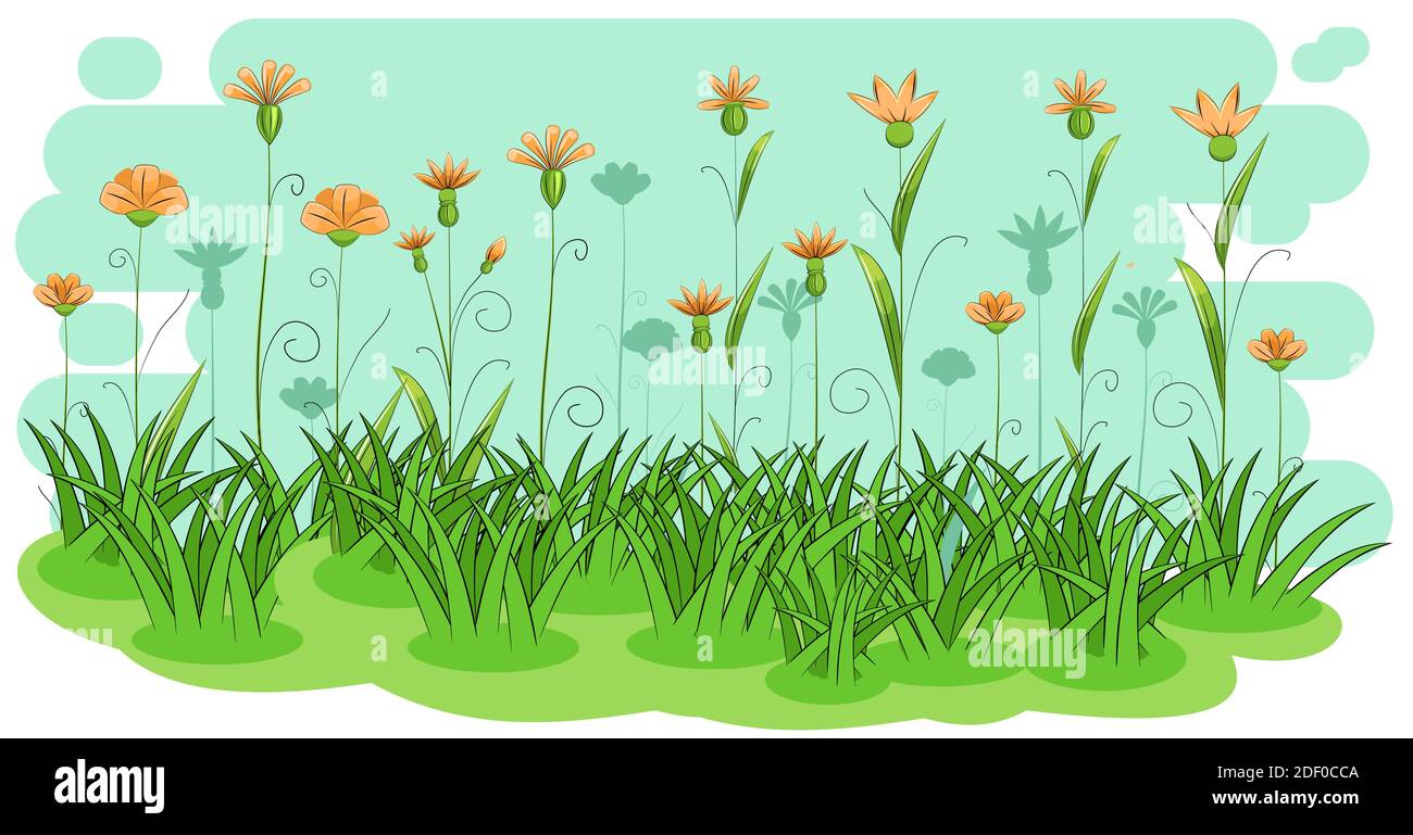 Blühende Wiese mit Gras und Blumen. Himmel. Cartoon Just Style. Isoliert auf weißem Hintergrund. Romantische fabelhafte Illustration. Vektor Stock Vektor