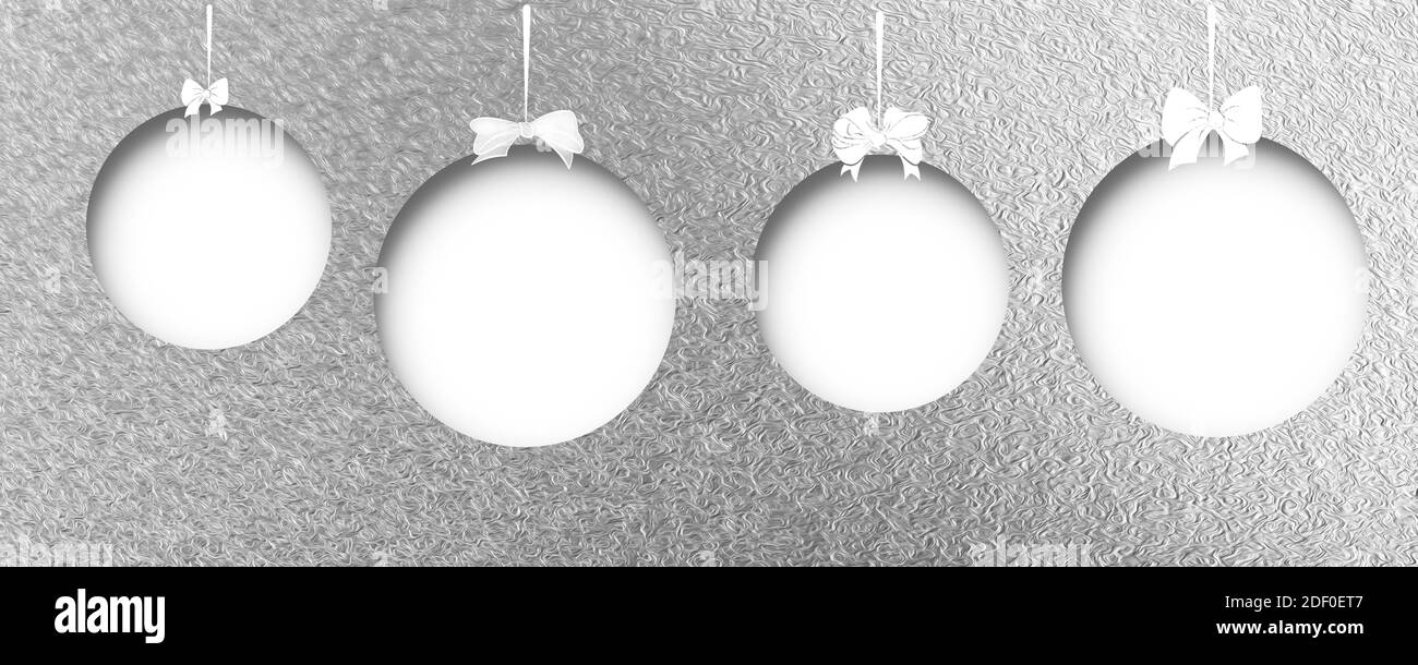 Weiße Weihnachtskugeln auf einem grauen Metallhintergrund ausgeschnitten. Abbildung. Stockfoto