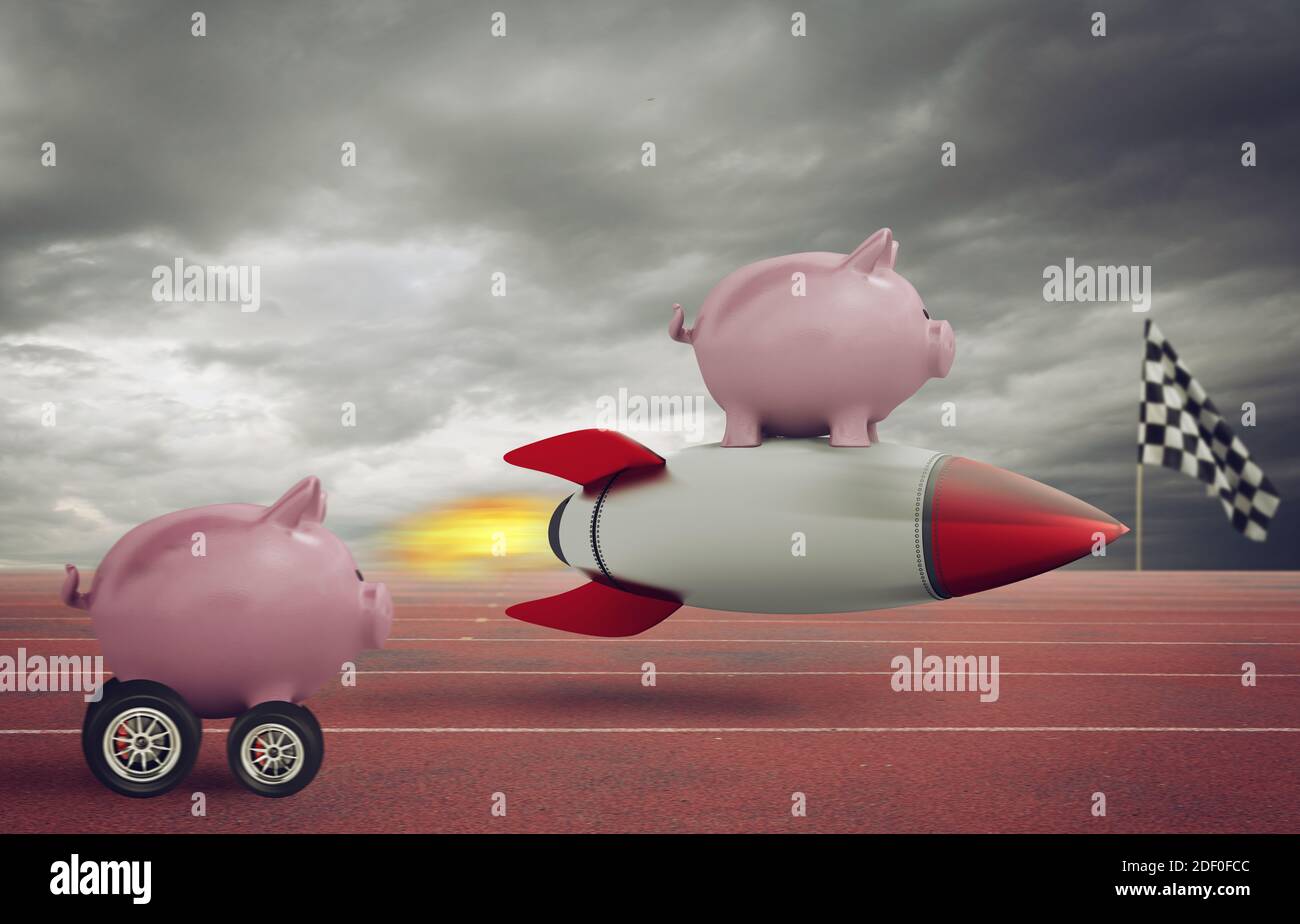 Sparschwein fliegt auf einer Rakete und gewinnt gegen Konkurrenten. Konzept der schnellen Erhöhung des Geldes. Stockfoto