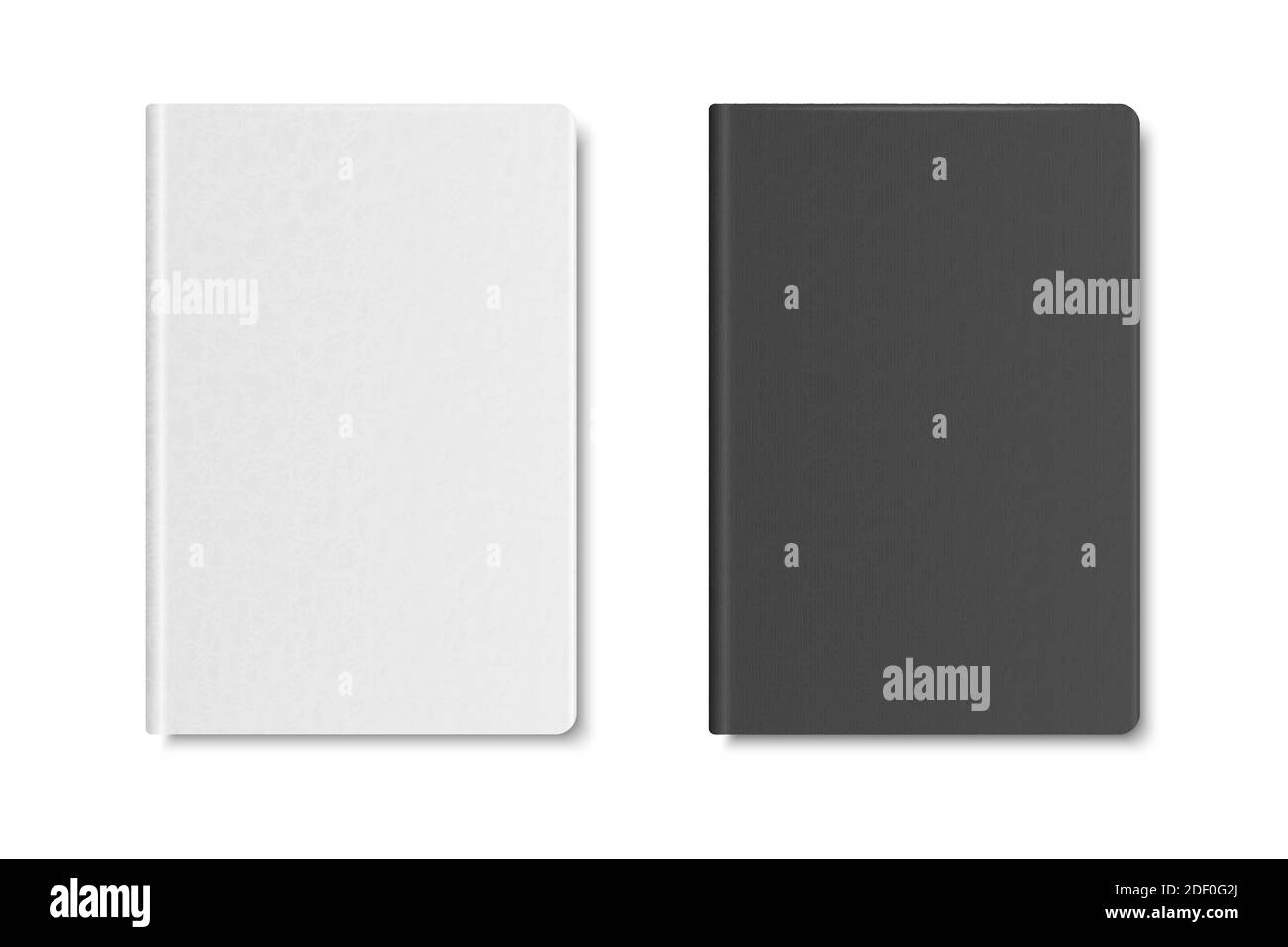 Vector 3d realistische strukturierte weiße und schwarze geschlossene leere Papier Notizbuch-Set isoliert auf weißem Hintergrund. Design-Vorlage von Copybook für Mockup Stock Vektor