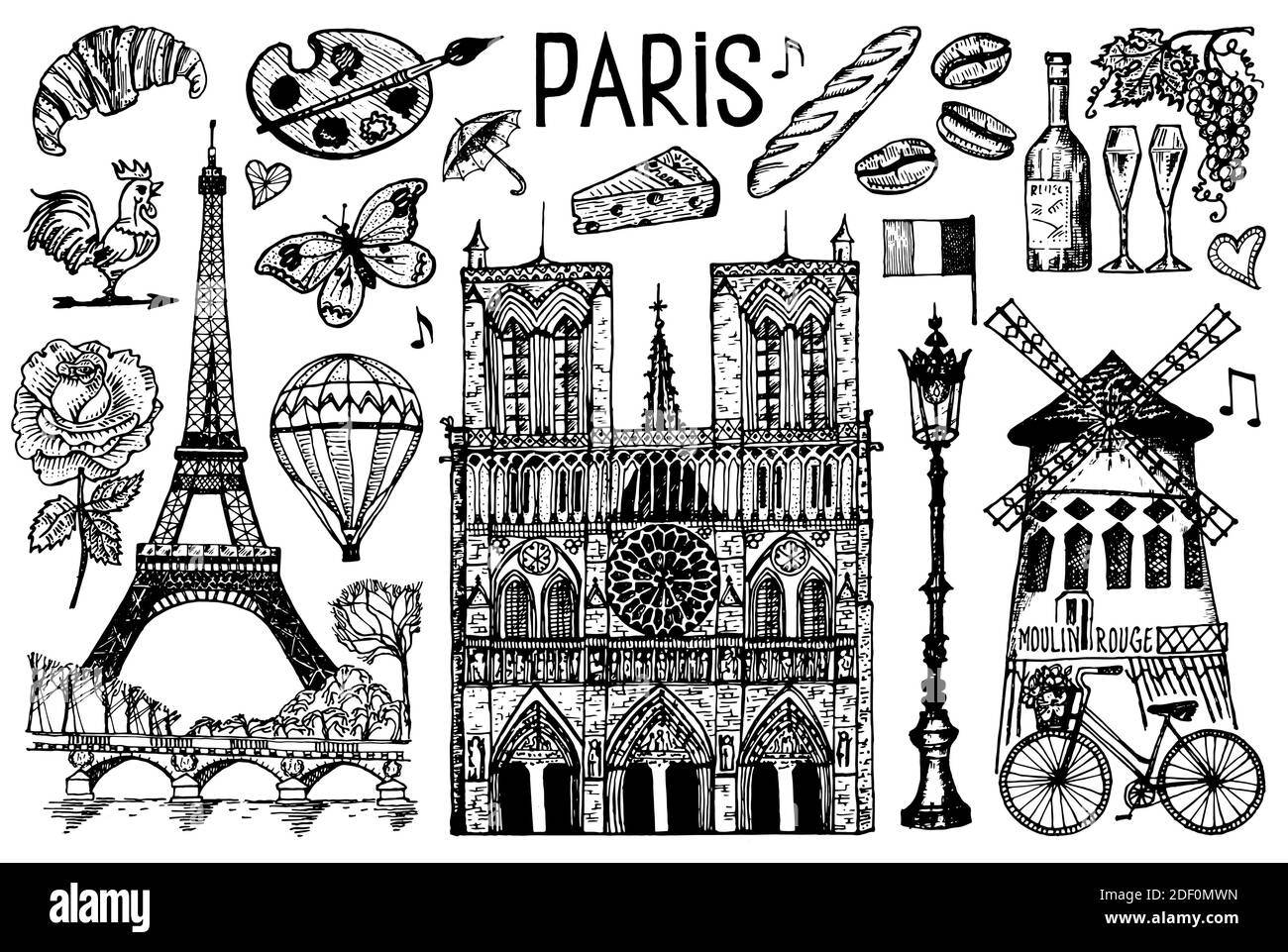 Paris im Vintage-Retro-Stil. Frankreich, eiffelturm und Gebäude. Retro-Doodle-Elemente. Vektorgrafik. Handgezeichnete Retro-Skizze mit Gravur Stock Vektor