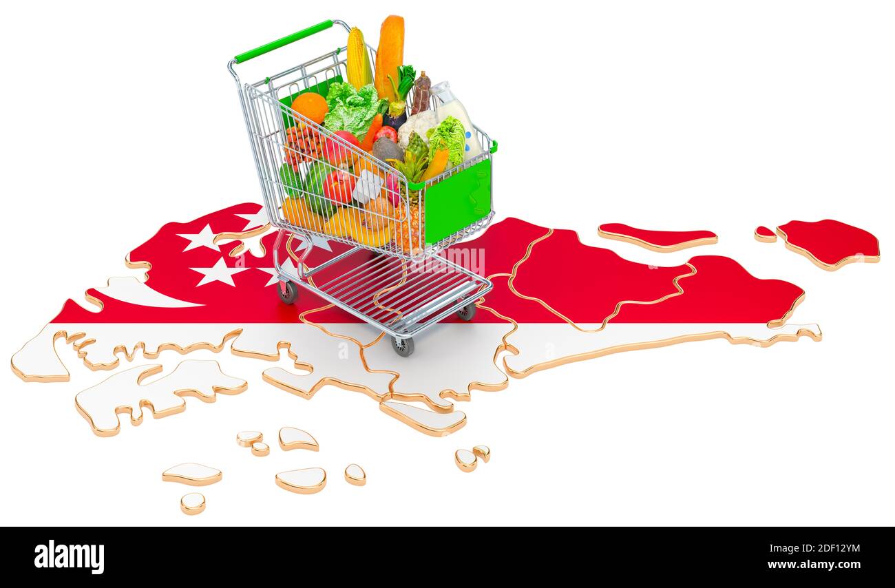 Kaufkraft in Singapur Konzept. Warenkorb mit Singapurischer Karte, 3D-Rendering isoliert auf weißem Hintergrund Stockfoto