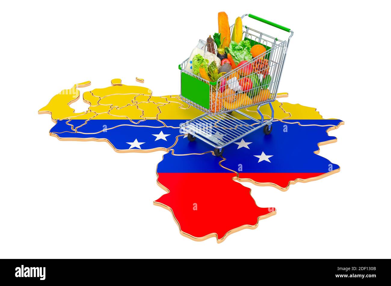 Kaufkraft in Venezuela Konzept. Warenkorb mit venezolanischer Karte, 3D-Rendering isoliert auf weißem Hintergrund Stockfoto