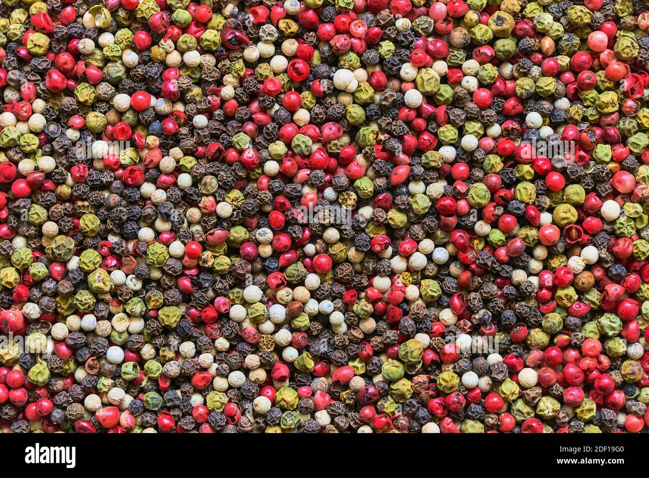 Pfefferkörner. Bunte Pfeffermischung. Pfefferkörner Hintergrund, Textur. Draufsicht Stockfoto