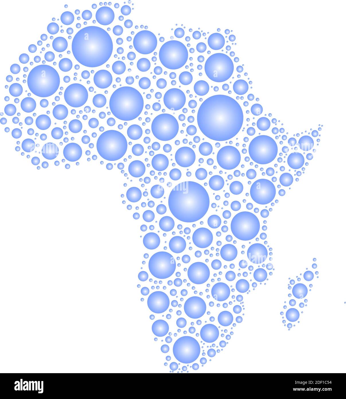 Silhouette des afrikanischen Kontinents. Mosaik aus blauen abgerundeten Regentropfen auf weißem Hintergrund. Vektorgrafik. Stock Vektor