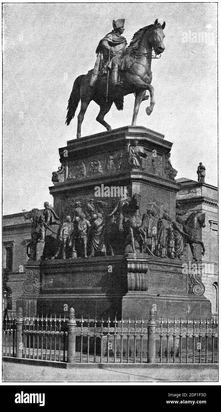 Reiterstatue Friedrich des Großen von einem deutschen Bildhauer Christian Daniel Rauch. Illustration des 19. Jahrhunderts. Weißer Hintergrund. Stockfoto