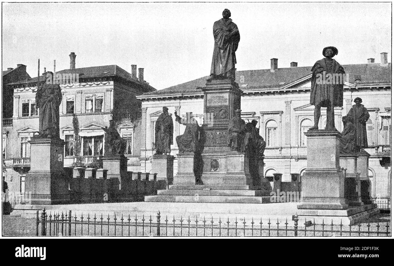 Lutherdenkmal in Worms, Deutschland, von einem deutschen Bildhauer Ernst Friedrich August Rietschel. Illustration des 19. Jahrhunderts. Weißer Hintergrund. Stockfoto