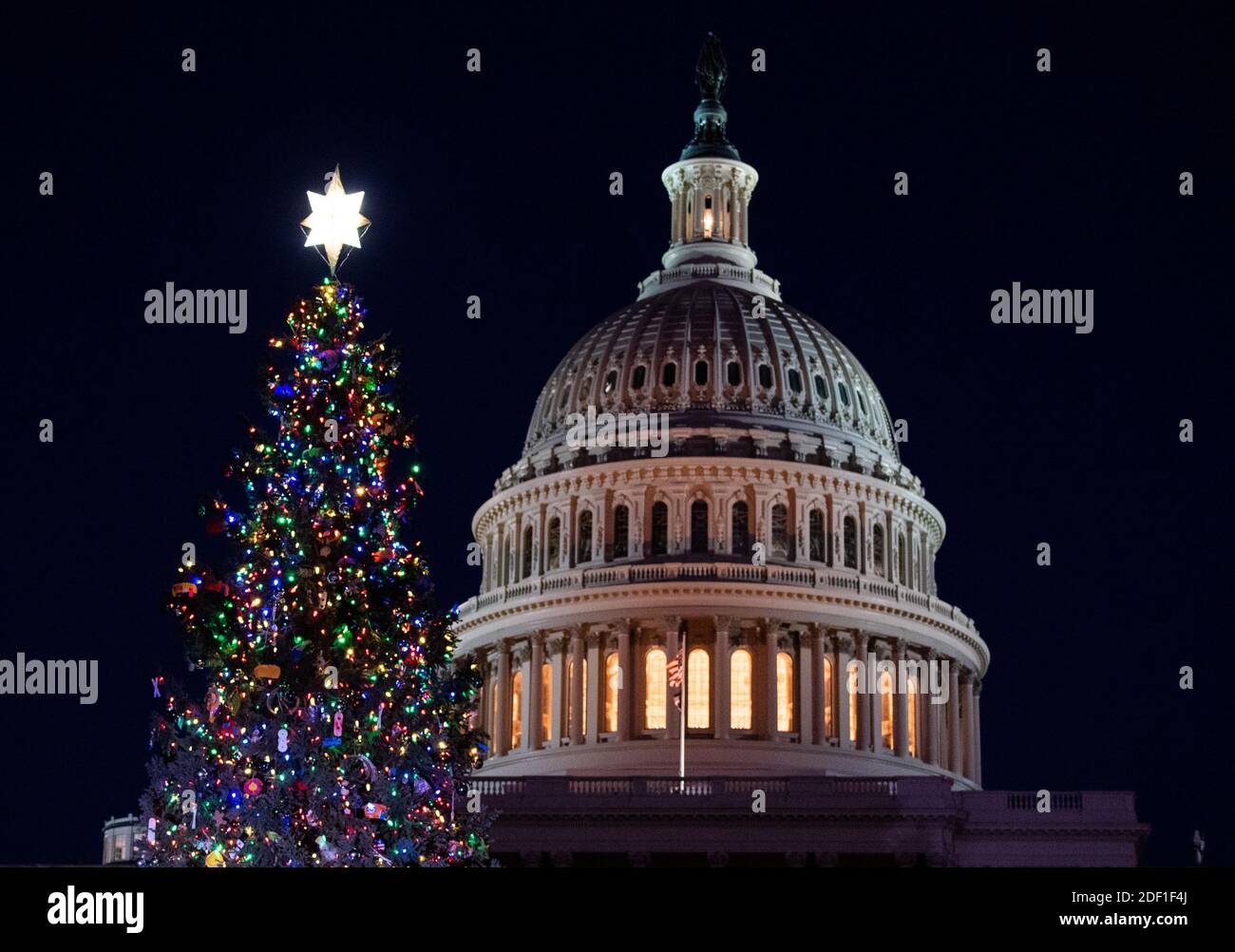 Washington, Usa. Dezember 2020. Der Weihnachtsbaum des US-Kapitols 2020 wird am Mittwoch, den 2. Dezember 2020, von der Sprecherin des Hauses Nancy Pelosi, D-Calif., auf dem Gelände des US-Kapitols in Washington, DC, während seiner offiziellen Beleuchtungszeremonie beleuchtet. Der Capitol Christmas Tree ist eine Engelmann Fichte aus den Grand Mesa, Uncompahgre und Gunnison (GMUG) National Forests in Colorado. Foto von Kevin Dietsch/UPI Kredit: UPI/Alamy Live News Stockfoto