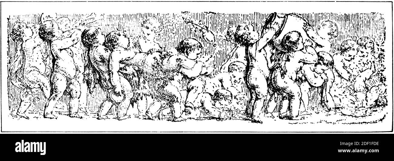 Kinder (Engel) für verschiedene Aktivitäten, Kapiteltrenner in einem Buch. Illustration des 19. Jahrhunderts. Weißer Hintergrund. Stockfoto