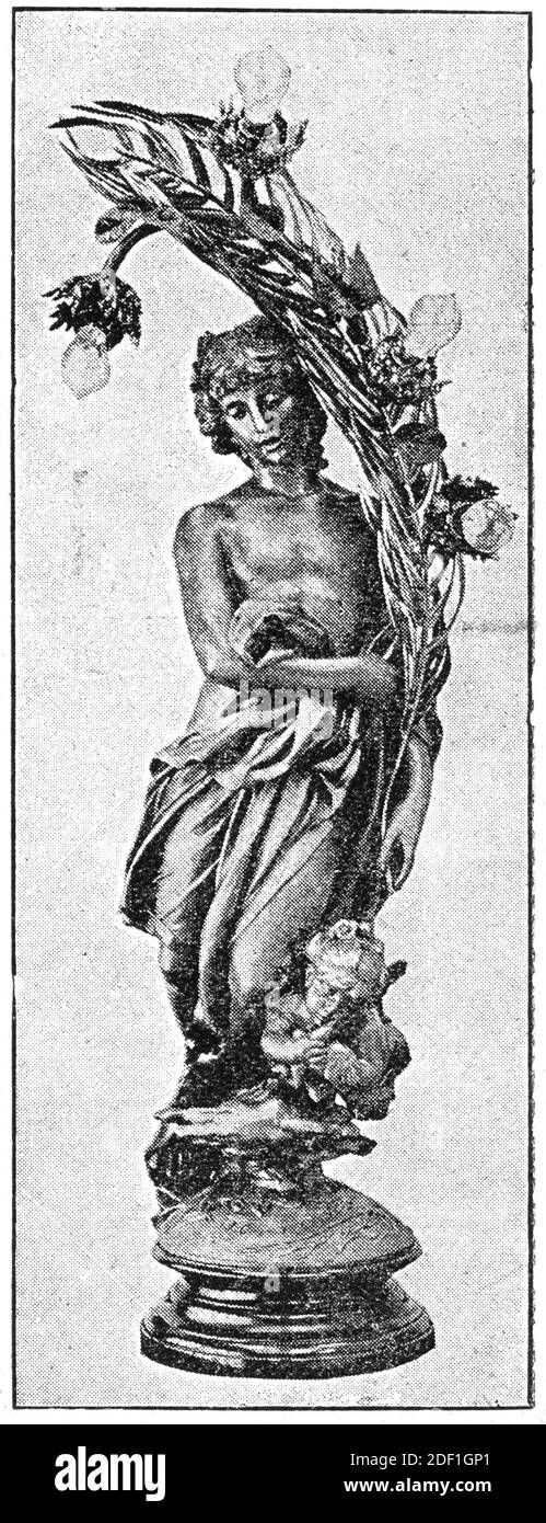 Eine elektrische Lampe in Form einer Bronzestatuette - Frau. Illustration des 19. Jahrhunderts. Deutschland. Weißer Hintergrund. Stockfoto