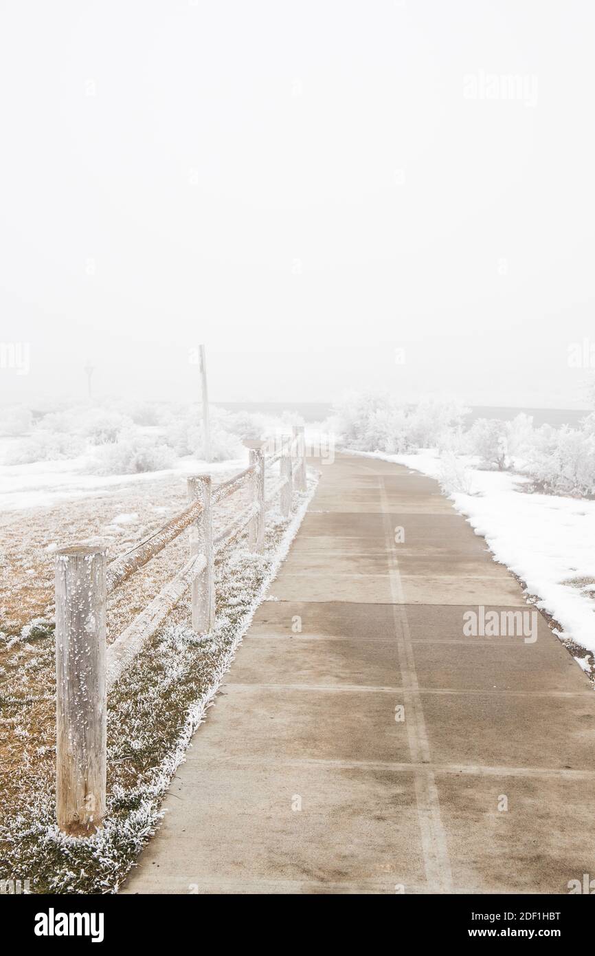 Gehweg und frostbedeckten Zaun in Foggy Winter Szene Stockfoto