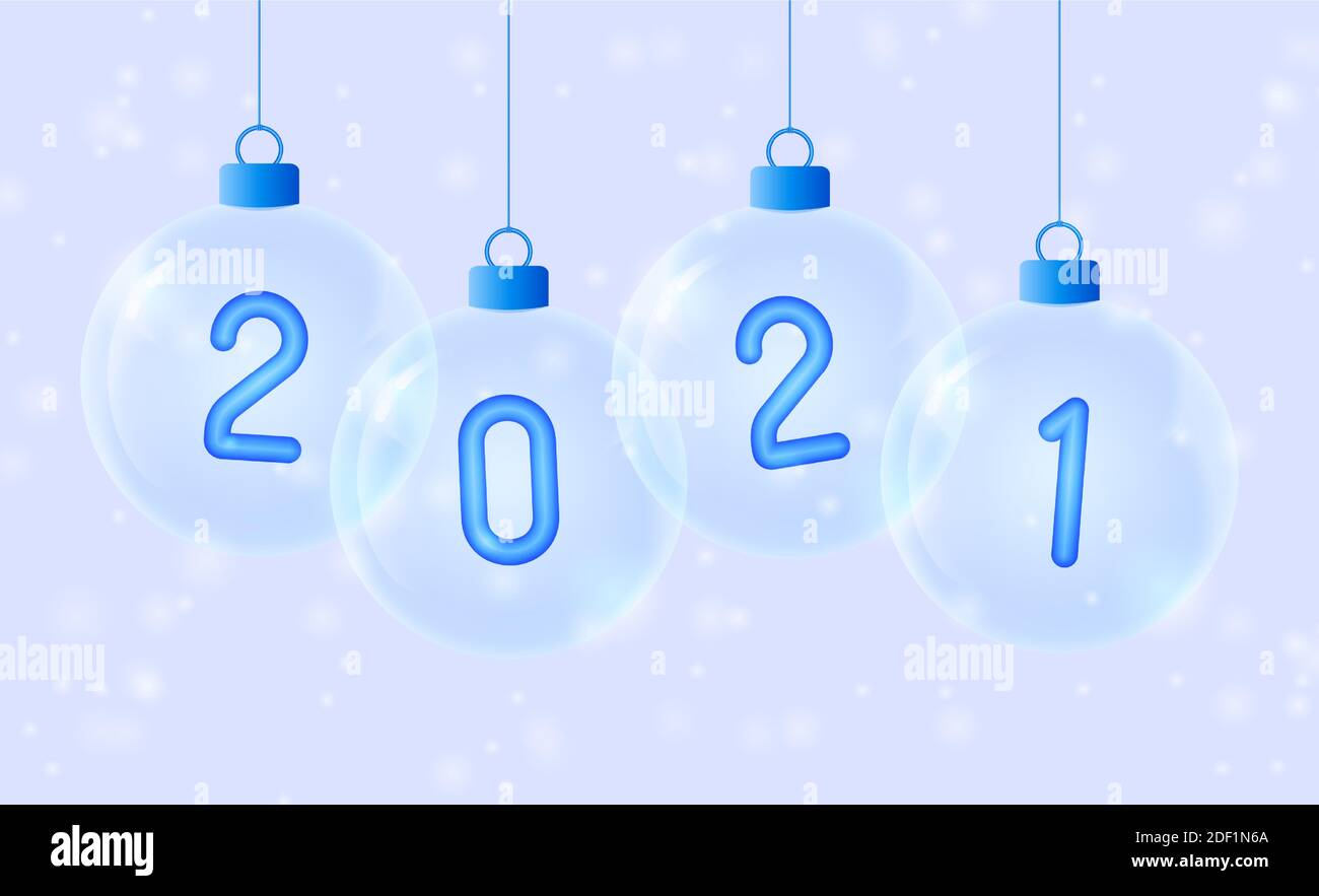 2021 Frohes neues Jahr. Blaue Zahl in Glaskugel. Weihnachten feiern Party 2021. Xmas Poster, Banner, Deckblatt, Broschüre, Flyer, Layout-Design Stock Vektor
