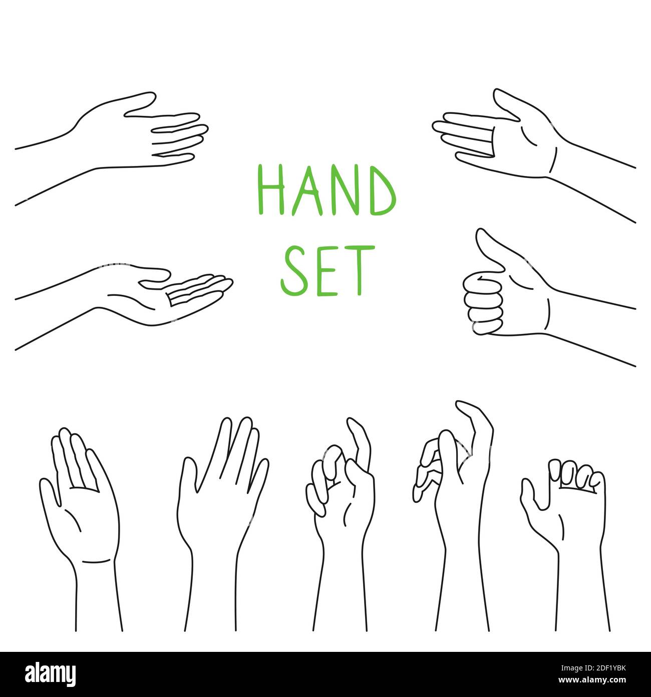 Hand Linie Cartoon Stil gesetzt. Verschiedene Gesten der menschlichen Hände, verschiedene Situationen. Zeichen und Emotionen, darstellende, interaktive Kommunikation. Für Infografik, Web, Internet, Präsentation. Vektor Stock Vektor