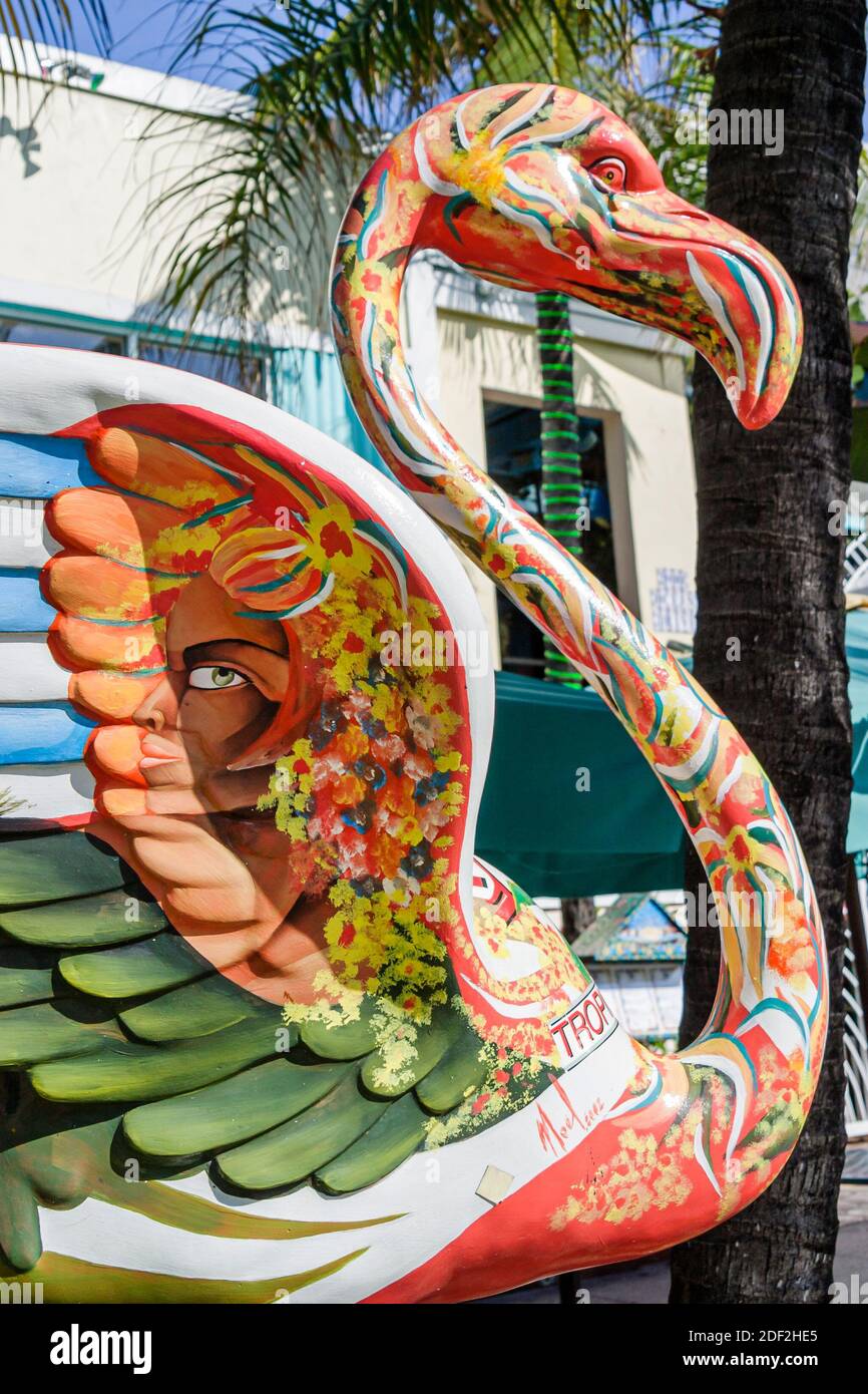 Miami Beach Florida, South Beach, Ocean Drive, Flamingo Statue öffentliche Kunst Skulptur Fiberglas, Stockfoto