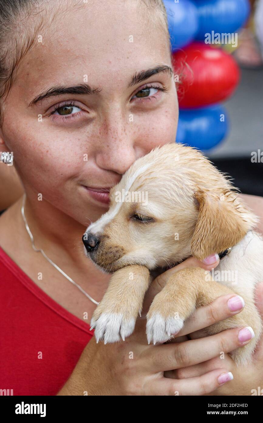 Miami Florida, Coconut Grove Pfau Park, hispanische Frau Hündin Hund Haustier halten küssende Begleiter, Stockfoto