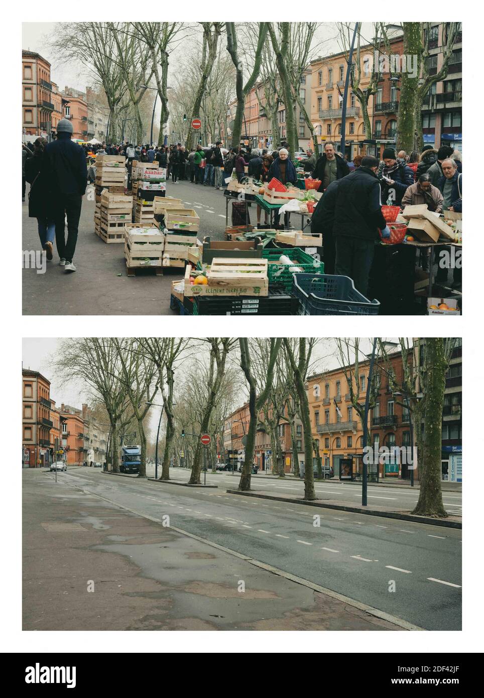 2 Stunden vor Mittag, die offizielle Zeit für die allgemeine Entbindung, der Hauptmarkt in Toulouse, voller Menschen. 2 Stunden nach Mittag, die gleichen Plätze leer von den meisten Menschen. Ein Ende der Weltatmosphäre. Toulouse, Frankreich am 17. März 2020. Foto von Patrick Batard/ABACAPRESS.COM Stockfoto