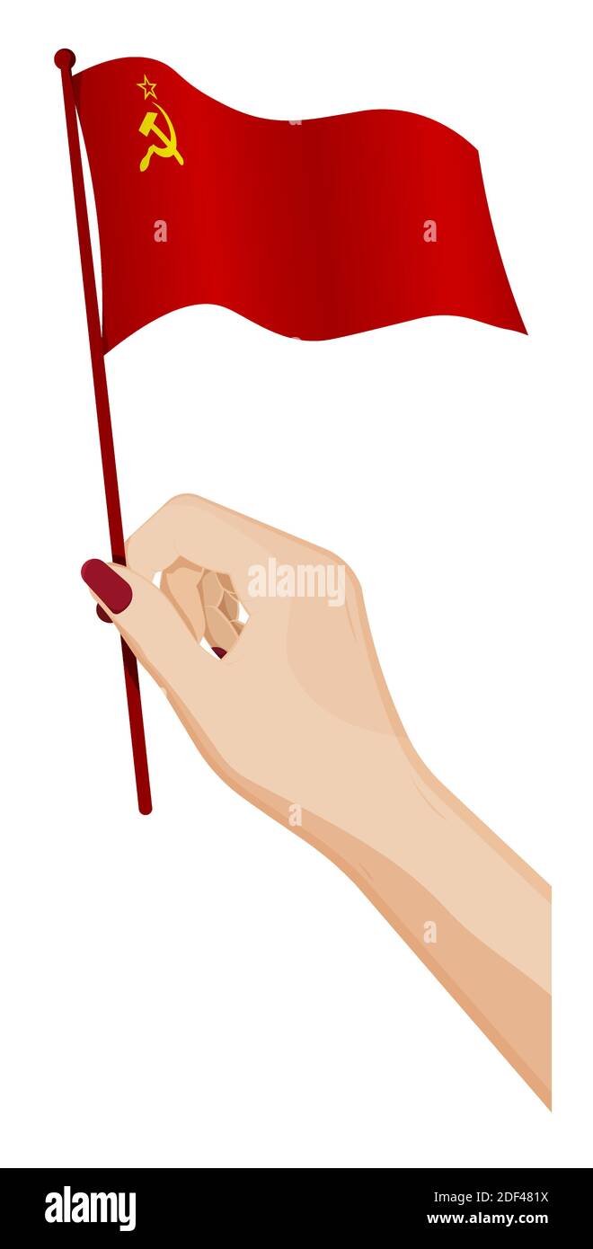 Weibliche Hand hält sanft kleine Sowjetunion Flagge, UdSSR. Design-Element Urlaub. Cartoon-Vektor auf weißem Hintergrund Stock Vektor