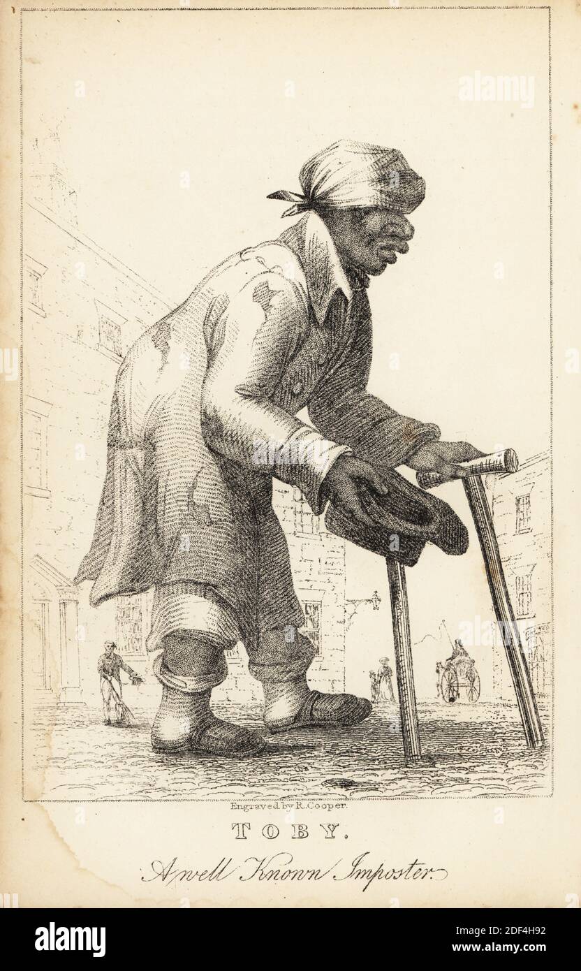 Toby, ein schwarzer Kaufmann Seemann, der alle seine Zehen auf einer Reise zwischen Bermuda und Memel verloren. Er wurde ein Vagabund betteln auf Regency London Straßen mit Hut, zerrissenen Mantel und Stöcken. Kutsche und Kehrmaschine im Hintergrund. Toby, ein bekannter Betrüger. Lithographie nach einem Kupferstich von Robert Cooper nach einem Original von John Parry aus Henry Wilson und James Caulfield's Book of Wonderful Characters, Memoirs and Anecdotes, of Remarkable and Excentric Persons in all ages and countries, John Camden Hotten, Piccadilly, London, 1869. Stockfoto