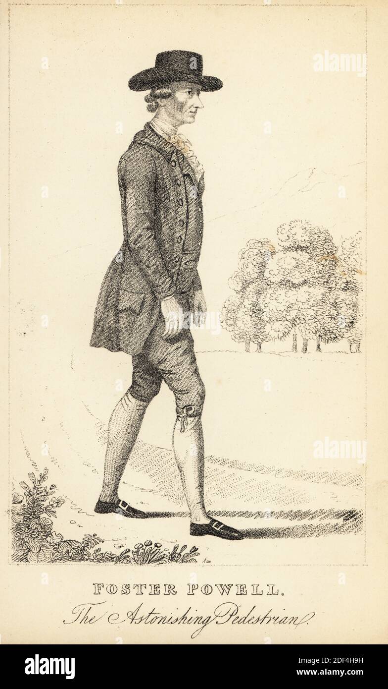 Foster Powell, der erstaunliche Fußgänger, 1734-1793. Berühmt für seine Marathon-Spaziergänge durch England, von London nach York und zurück, für eine Wette. Lithographie nach einem Kupferstich von Robert Cooper aus Henry Wilson und James Caulfield's Book of Wonderful Characters, Memoirs and Anecdotes, von bemerkenswerten und exzentrischen Personen aller Altersgruppen und Länder, John Camden Hotten, Piccadilly, London, 1869. Stockfoto