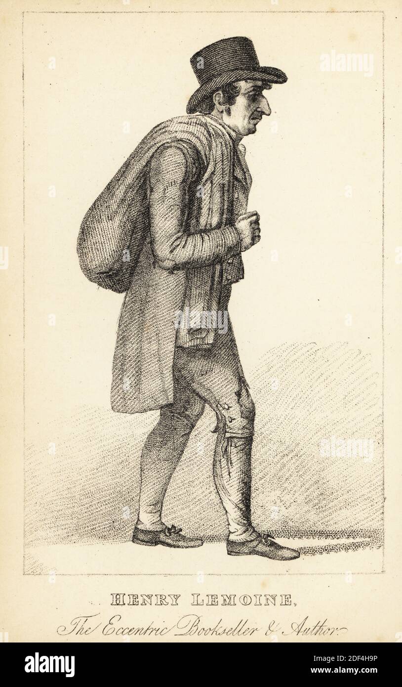 Henry Lemoine, Hacker-Autor und Herausgeber von Chapbooks, Broschüren, 1756-1812. Verheiratet Gothic Chapbook Verleger Ann Swires in 1786. Später ein umherziehender Buchhändler mit einem Sack Bücher über der Schulter. Exzentrischer Buchhändler Und Autor. Lithographie nach einem Kupferstich von Robert Cooper aus Henry Wilson und James Caulfield's Book of Wonderful Characters, Memoirs and Anecdotes, von bemerkenswerten und exzentrischen Personen aller Altersgruppen und Länder, John Camden Hotten, Piccadilly, London, 1869. Stockfoto